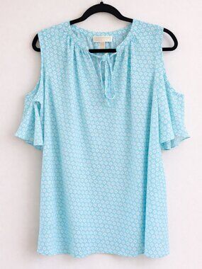 Michael Kors Aqua Floral Geo Print Cold Shoulder Blouse Top L ***READ**